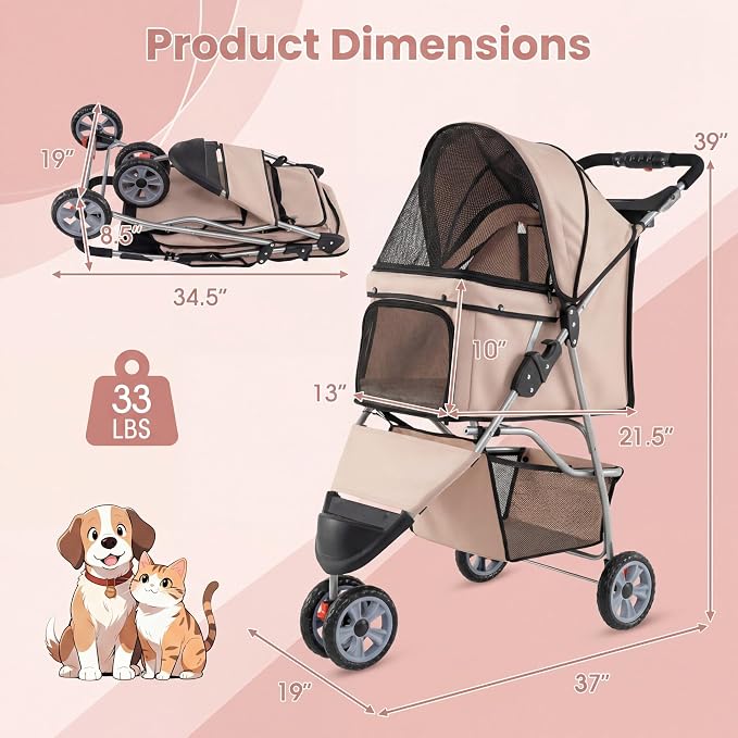 Giantex 3 Wheel Foldable Dog Stroller for Small Dogs Cats, Lightweight Pet Stroller with Lockable Wheels, One-Hand Quick Fold, Mesh Windows, Safety Leash & Storage Basket, Pet Travel Stroller (Beige)