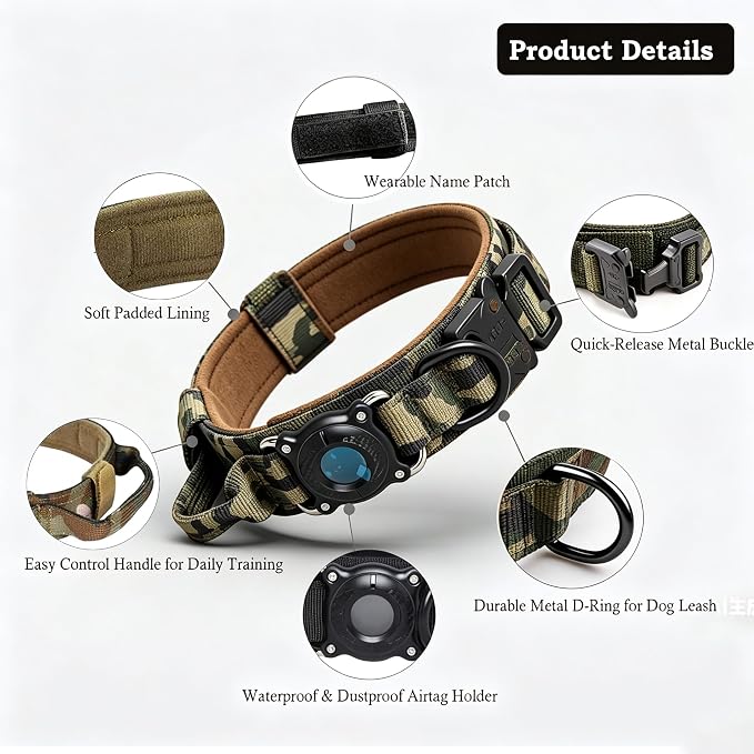 AirTag Dog Collar for Large Dogs Tactical Dog Collar with AirTag Holder | Upgrade Waterproof,Control Handle ,Quick-Release Metal Buckle，1000D Nylon Fabric,Soft-Padded Webbing，Velcro Patch(CAMO,L)