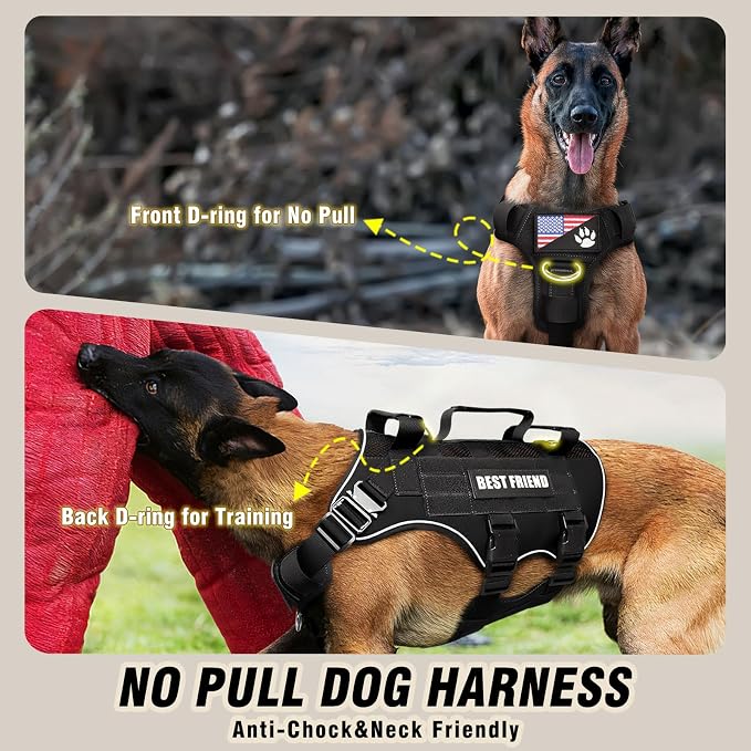 Air Mesh Tactical Dog Harness with Metal Buckles&MOLLE,Black XL | Breathable Adjustable No Pull Service Dog Vest with 3 Padded Handles,Military Dog Harness for Training Hiking Hunting Working