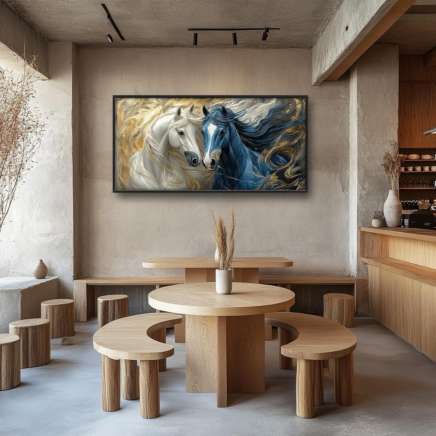 Framed Large Horse Wall Art for Living Room, Oversized Abstract Horses Wall Decor Blue and Golden Canvas Painting Animal Pictures Modern Artwork for Living Room Bedroom Office 60"x30"