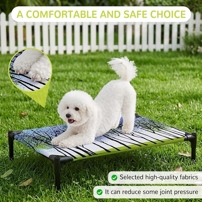 Outdoor Elevated Dog Bed for Medium Dogs, Blue Green Forest Breathable Cooling Raised Dog Cot for Indoor/Outdoor, Modern Nature Tree Branch Landscape Waterproof Elevated Pet Beds, M 24 x 20 in