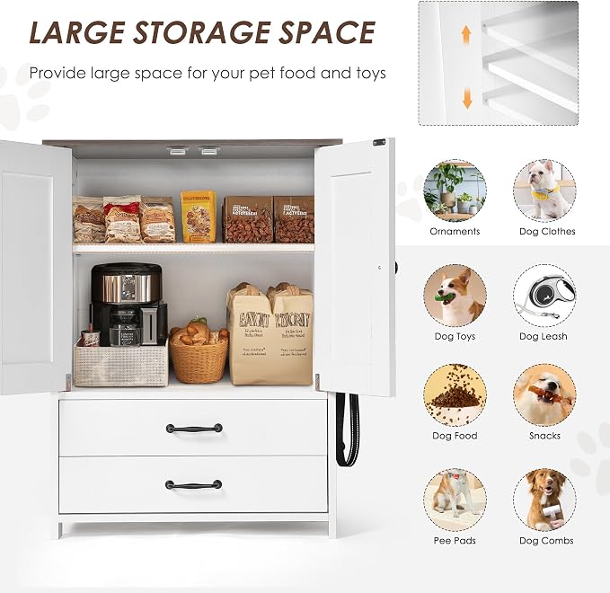 Dog Feeding Station with Double Door Locker, 2 Dog Bowls, 3 Hooks, Dog Food Storage Cabinet, Cat Feeding Dtation, Space-Saving Pet Food Storage Organizer for Indoor Outdoor, White