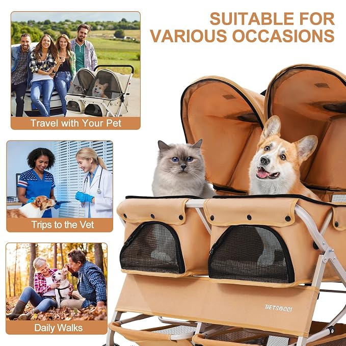 Double Pet Stroller for 2 Small Dogs & Cats, Side-by-Side Twin Travel Carriage with Safety Leashes, Mesh Windows & Double Storage Baskets, Lightweight & Foldable, 44lbs Capacity, Khaki