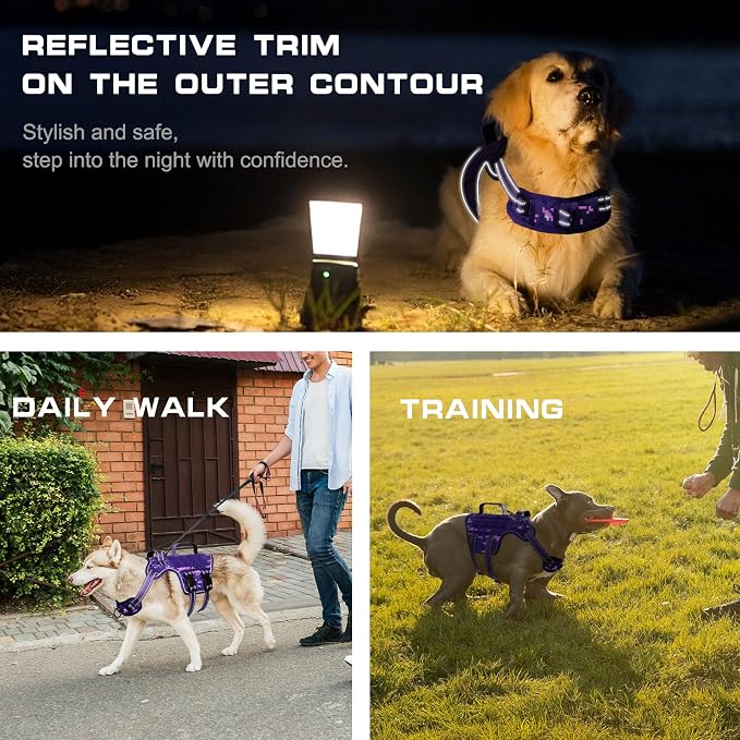 Dog Harness for Large Dogs, No Pull Tactical Vest with Front Clips | Easy Contrl Handle, Breathable Soft Padded, Adjustable, Reflective, Heavy Duty, Easy Take On & Off, Purple Camo X-Large