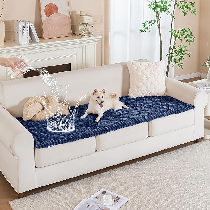 PuTian 100% Waterproof Fuzzy Couch Cover for Dogs Navy Blue 27.6"x70.9" | Pet Friendly Dog Mat for Couch, Waterproof Sofa Protector, Scratch Resistant Furniture Cover for Dogs, Machine Washable