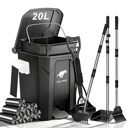Dog Poop Trash Can Outside - 20L/5Gal Pooper Scooper Sets and Spade, Black | Outdoor Trash Can with Lid, Inner Bucket, Dog Poop Scooper Set, Metal Tray, Rake and Spade, 100 Trash Bags & Storage Box