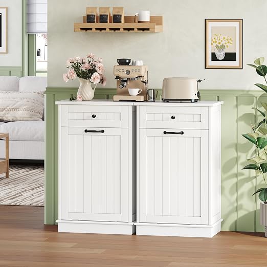 10 Gallon Tilt Out Trash Can Cabinet with Drawer, Hidden Trash Can, White | Cabinet with Drawers for Kitchen, Bathroom and Laundry Room