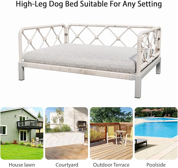 Indoor & Outdoor Dog Bed, Elevated All-Weather Wicker Pet Sofa with Washable Waterproof Cushion, Durable Rattan Dog Couch for Small Dogs, White Rattan/Grey Mat