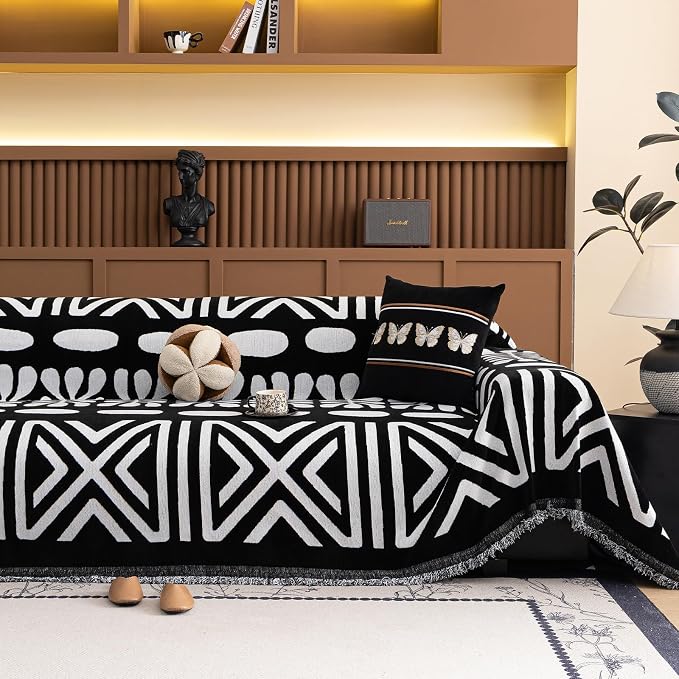 VClife Minimalism Tribal Couch Cover Non Slip White Black Geometric Jacquard Sofa Cover Washable Bohemian Style Aztec Couch Slipcover for Sectional Couch Chenille Furniture Protector 71''x118''