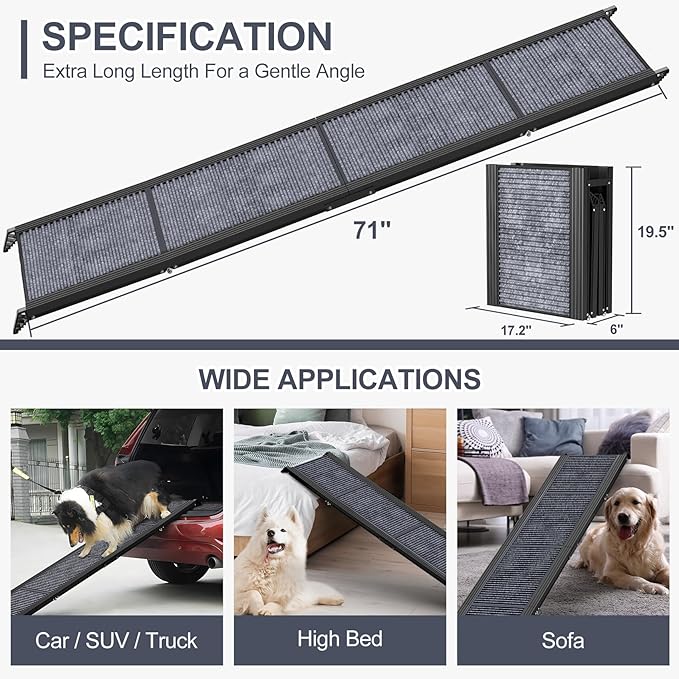Dog Ramp for Cars 71" L × 17.2" W, Extra-Long Foldable Ramp | Dog Ramps for Large Dogs, Non-Slip Rug Surface for a Gentler Climb, 270 lbs Capacity, Easy to Carry & Store, Fits SUV/Truck