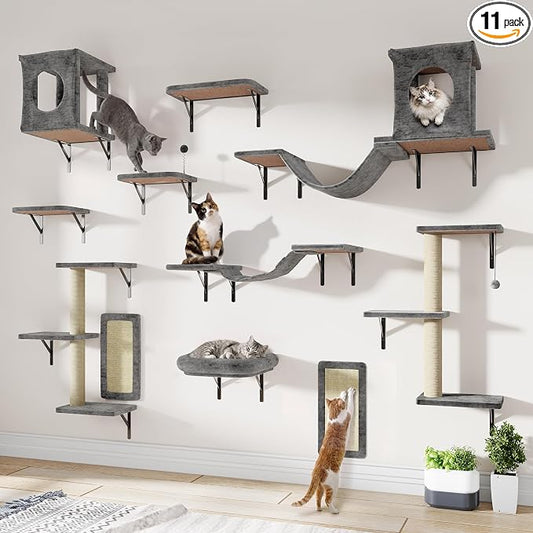 11-in-1 Cat Wall Shelves Cat Climbing Furniture with Wall Mounted Perch & Lounge for Indoor Cats, Space-Saving Cat Climbing Wall Systems, Dark Gray