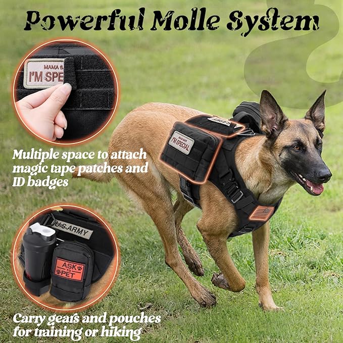 rabbitgoo Tactical Dog Harness for Medium, Heavy Duty Military No Pull Vest | Sturdy Metal Buckles, 5 Adjustments, Molle System, Powerful Pullers for Training, Hunting, Outdoor, Black, Medium