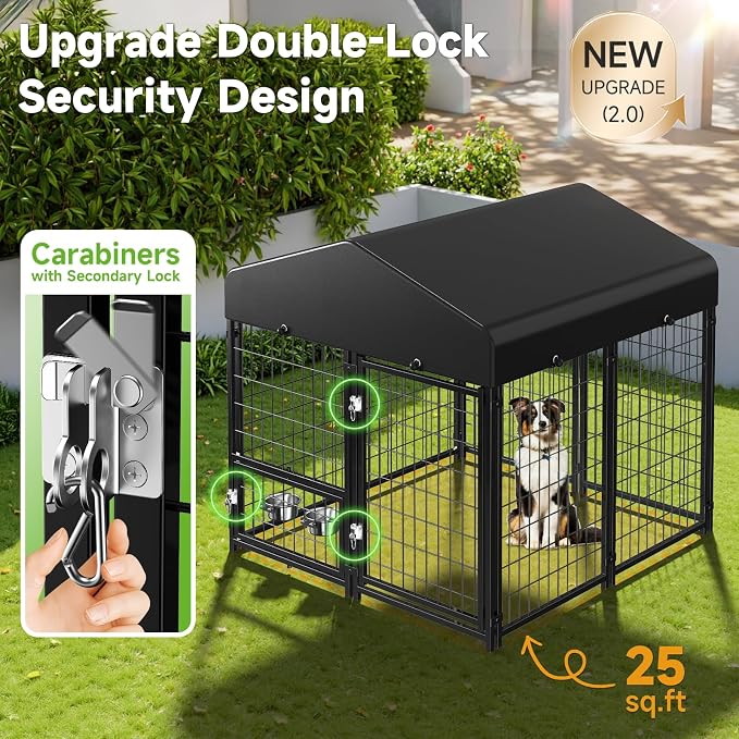 Dog Kennel Outdoor, Weatherproof Outside Dog Kennel with Roof & Swivel Feeders and Removable Dog Door, Outdoor Kennels Dog Enclosure Run for Medium Large Dogs (5'L x 5'W x 5'H)