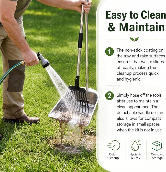 Stainless Steel Dog Pooper Scooper 45in Handle Large Tray Rake | with Heavy DutyV Dog Pooper Scooper for Large Holding Capacity, Rust-Proof Poop Scoop Set for Grass, Concrete and Gravel