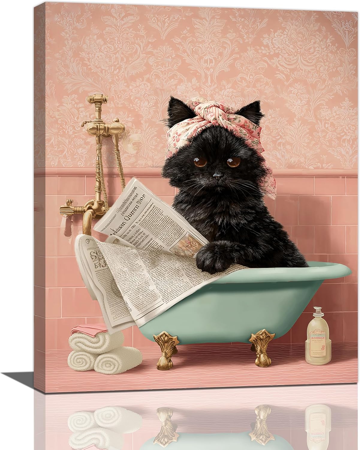 Cat Bathroom Wall Decor Black Cat Reading Newspaper in Bathtub Canvas Wall Art Funny Bathroom Pictures Kitten Painting Print Pink Artwork Framed Decorations Gifts 16"x20"
