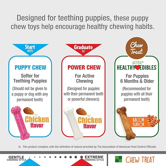 Nylabone New Puppy Starter Kit, Chew Toys & Natural Chew Treat for Puppies, Puppy Enrichment Teething Toys, Pink, Long Lasting Chicken & Bacon Flavor, Small Dogs - Up to 25 Ibs, 3 Pack