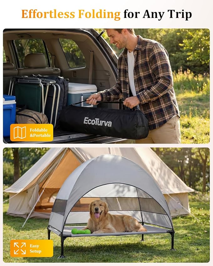 Elevated Dog Bed with Canopy - 3-Sided UV Protection Pet Tent with Wider Shade, Raised Cooling Outdoor Dog Cot with Breathable Mesh for Medium Large Dogs, Portable Pet Bed for Camping, Patio (Grey, L)