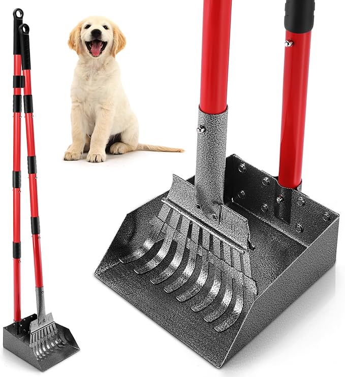 Pooper Scooper for Dogs, Sturdy Stainless Steel Dog Poop Scooper for Large Medium Small Dogs, Detachable Metal Rake & Tray Set for Yard, Grass, Dirt or Gravel (Red)