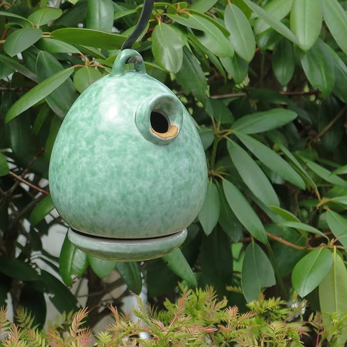 Byer of Maine Egg Bird Home for Small Songbirds, Meadow Green, High Fired Porcelain Stoneware, Ceramic Bird House, Glaze Finish, with Forged Steel Hook
