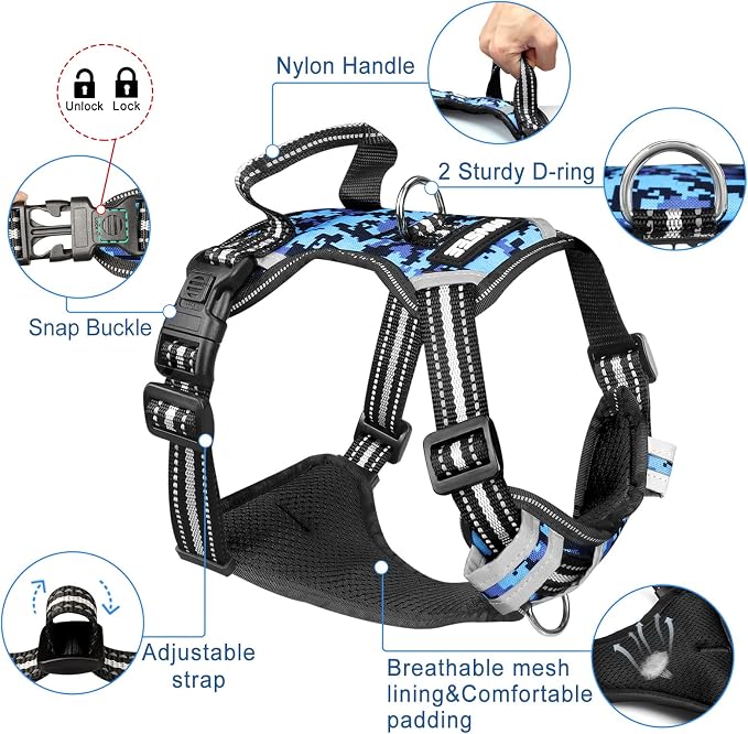 Dog Harness No Pull, Pet Harnesses with Dog Collar, Adjustable Reflective Oxford Outdoor Vest, Front/Back Leash Clips for Small, Medium, Large, Extra Large Dogs, Easy Control Handle for Walking