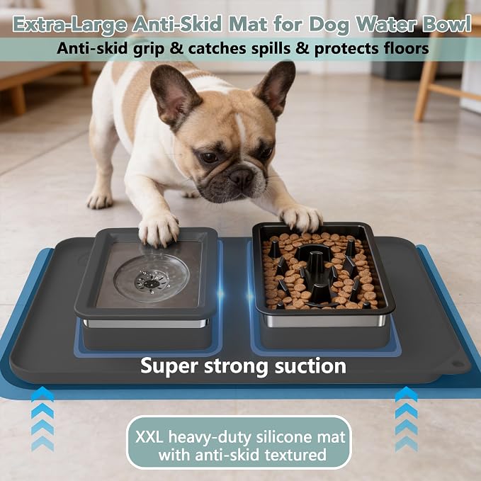 Dog Bowl Set, No Spill Dog Water and Food Bowl with Slow Feeder | Large Capacity 304 Stainless Steel Bowls, 3-In-1 Set, Slow Drinking, Anti-Slip Mat, Easy to Clean, Home/Travel, 6-7 Cups