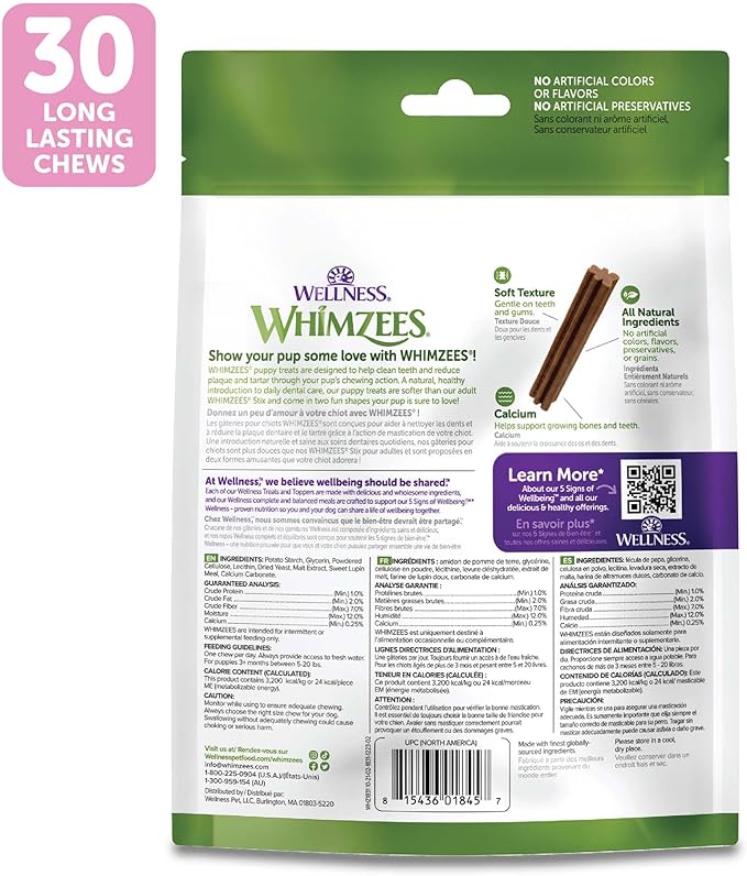 WHIMZEES Wellness Puppy Dog Dental Treats, Extra Small & Small Size Stick, (30 Count)