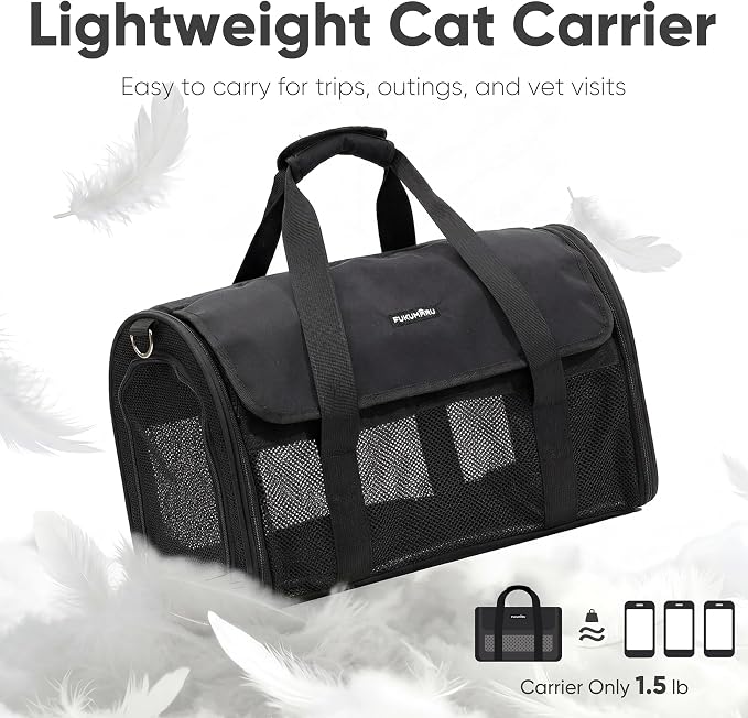 FUKUMARU Cat Carrier, Light & Airy Pet Carrier, 18x11x11 Airline Approved Dog Carrier for Small Dogs, 2-in-1 Shoulder Strap Leash, Collapsible Soft Cat Travel Carrier with Anti-Scratch Mesh, Black