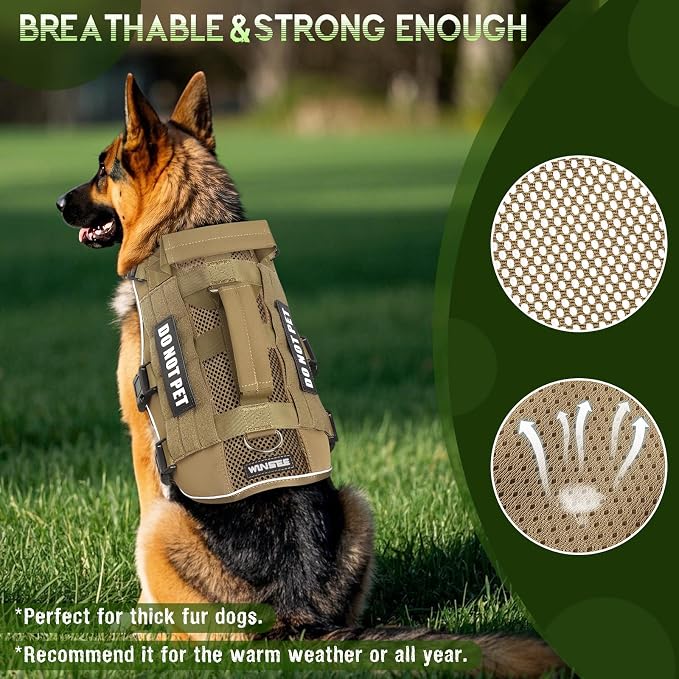 Tactical Molle Vest Mesh Dog Harness with 10 Removale Pet Patches | Breathable Service Dog harness with Double Soft Padded Handle for Large Dog, Reflective Military Pet Vest for Walk Hiking