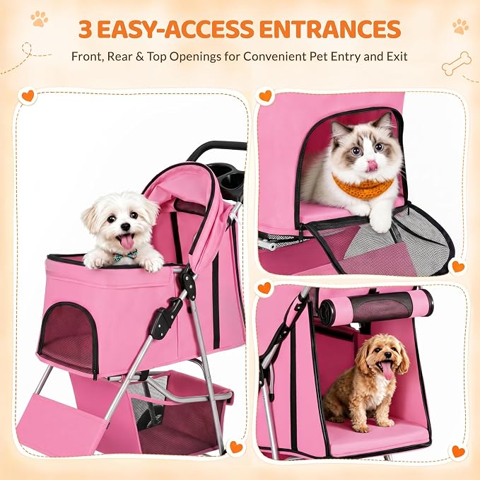 ZENY Foldable Pet Stroller, Cat/Dog Stroller with 4 Wheel, Pet Travel Carrier Strolling Cart with Storage Basket, Cup Holder (Pink)