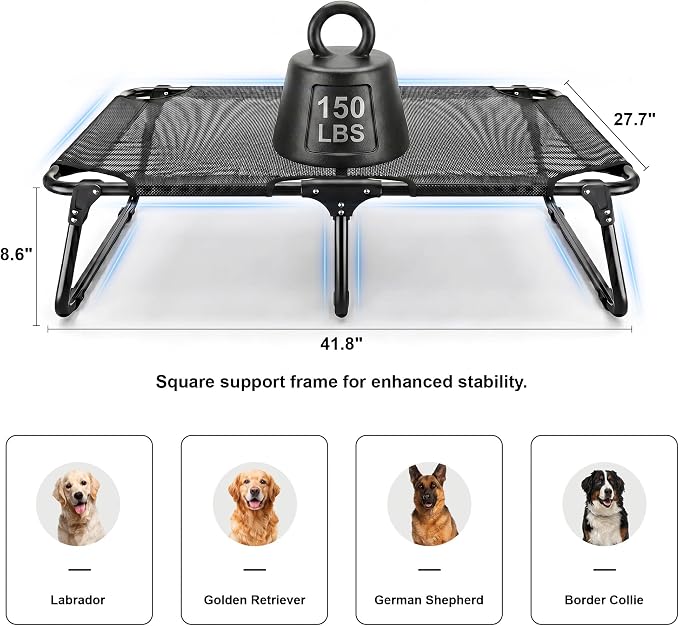 Foldable Outdoor Elevated Dog Cot Bed with Handle | Large Raised Pet Bed Load Over 150 LB, Breathable Mesh, Heavy Duty Frame, Non-slip Foot Pads