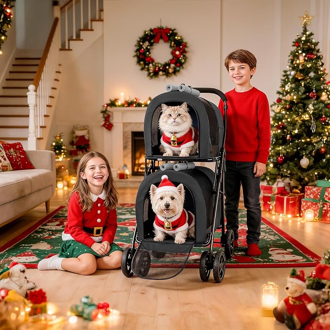 MoNiBloom Double Dog Stroller for Small and Medium Dog Cats, Black/Gray | Pet Stroller with Detachable Carrier Bags Large 4 Wheels Foldable Jogger for Small and Medium Dog Cats