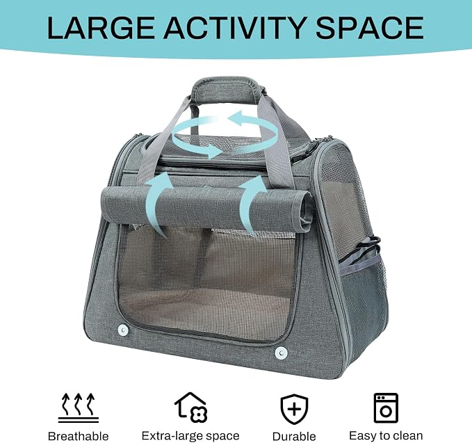 Airline Approved Soft-Sided Pet Carrier for Cats & Small Dogs - Ventilated Travel Bag with Removable Mat, Under 15 lbs, Grey