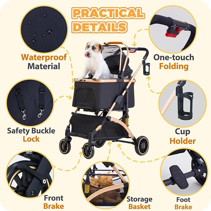 Dog Stroller for Small Dogs, Lightweight Pet Stroller for 2 Cats Dogs with 6 Shock Absorption System, Detachable Carrier Suitable for Car Seat & Hand Carry, Safe Outings, Black
