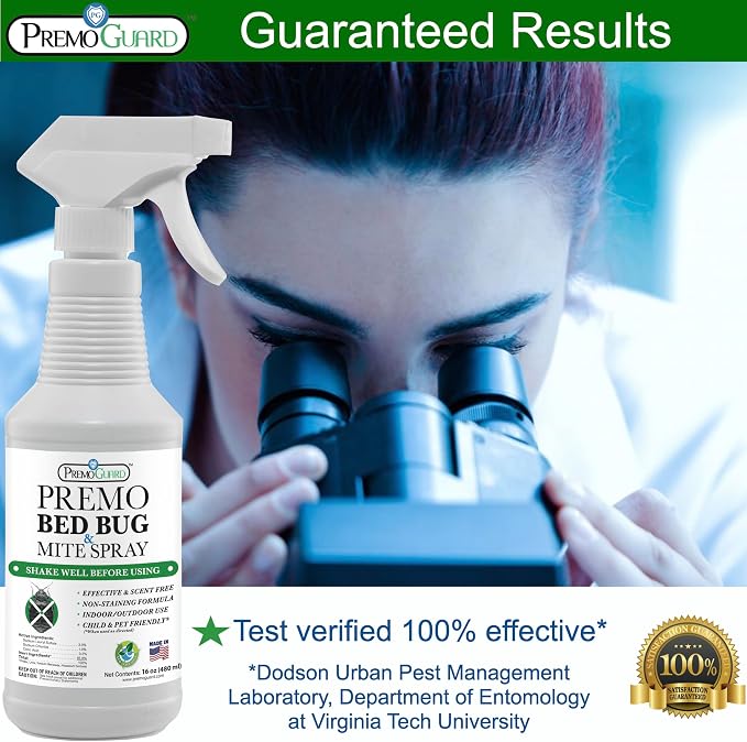 Premo Guard Bed Bug & Mite Killer Spray - 100% Kill Rate Formula, 16 oz | University Tested, Safe for Bedding, Furniture, Fabrics, and Clothing, Non Toxic, Stain & Scent Free, Child & Pet Safe