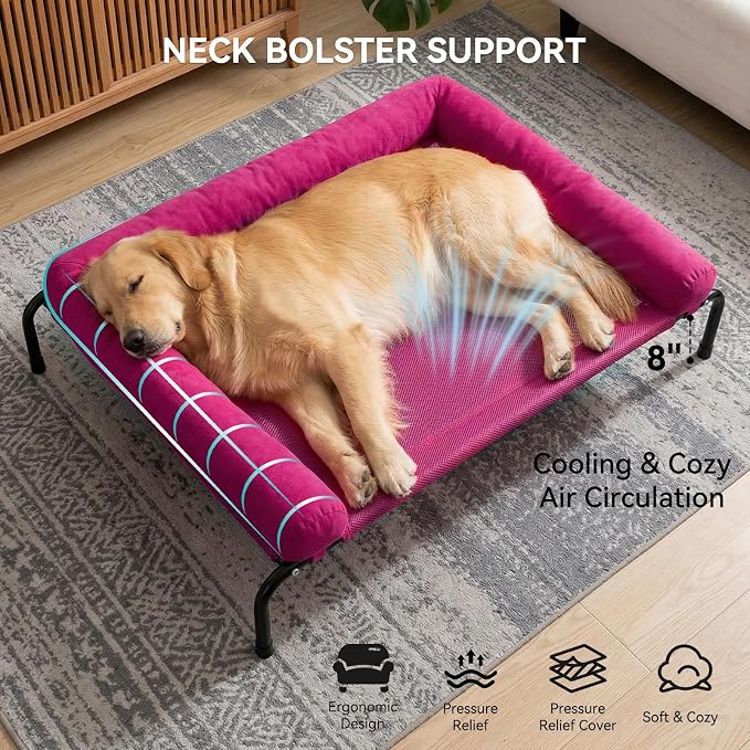 Cooling Elevated Dog Bed for Large Dogs, Indoor & Outdoor Raised Dog Bed | Portable,with Breathable Mesh, Chew Proof Pet Hammock Cots with Removable and Waterproof Bolsters