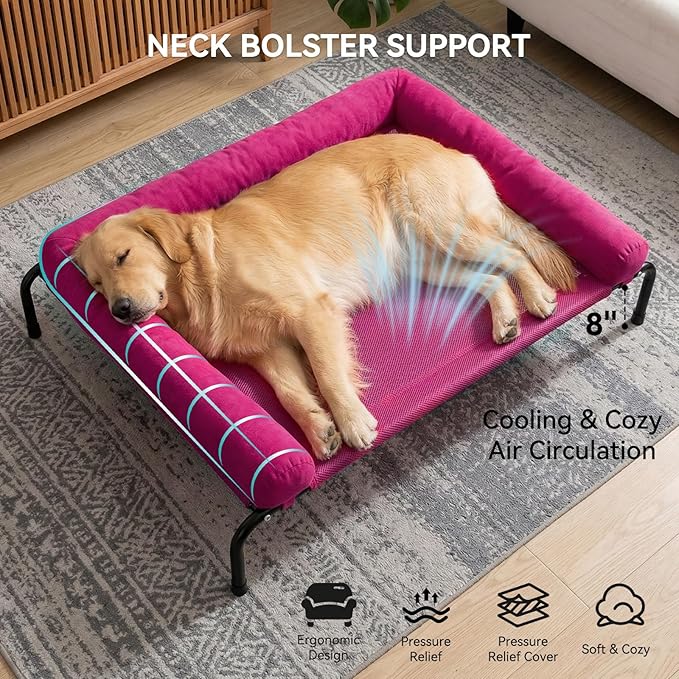 Cooling Elevated Dog Bed for Large Dogs, Outdoor Raised Dog Beds Dogs Cot | Dogs Bed W/Breathable Mesh, Pet Cots W/Removable Waterproof Bolster