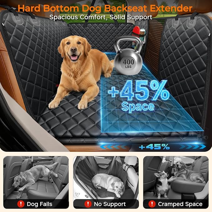 URPOWER Hard Bottom Dog Car Seat Cover, Back Seat Extender with Blanket | 2 in 1 Design, Non-Slip Blanket, 400 lbs Support, 40% More Space, Waterproof, Fits Cars & SUVs, Mesh Window, Easy Care
