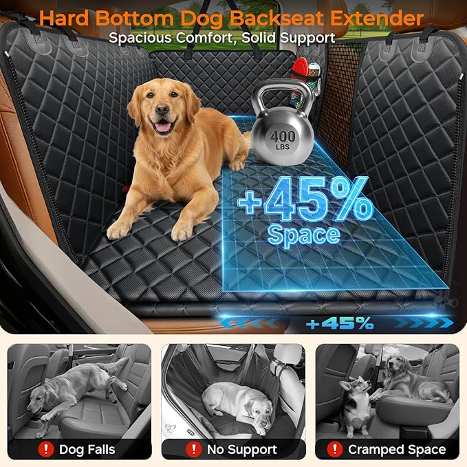 URPOWER Hard Bottom Dog Car Seat Cover, Back Seat Extender with Blanket | 2 in 1 Design, Non-Slip Blanket, 400 lbs Support, 40% More Space, Waterproof, Fits Cars & SUVs, Mesh Window, Easy Care