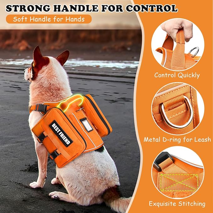 Dog Backpack Harness and Leash Set for Large Dogs Orange XL | Removable Side Pockets Dog Vest with Padded Handle&MOLLE,No Pull Front&Back Metal Clips for Hiking Training Walking Hunting