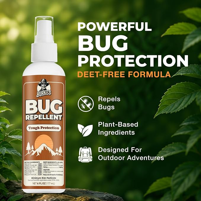 Burke’s Bug Repellent Spray (6oz) | Outdoor Protection, DEET-Free Formula, Repels Common Insects, For Camping & Hiking, Made in USA