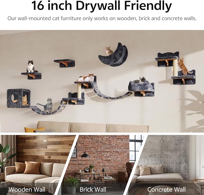 13-in-1 Cat Wall Shelves, Moon & Bridge Cat Wall Furniture, Grey | Wall Mounted Cats Shelf Set with Plush Fabric, Cat Climbing Systems for 16 Inch Drywall, Condo, Scratching Post, Space-Saving