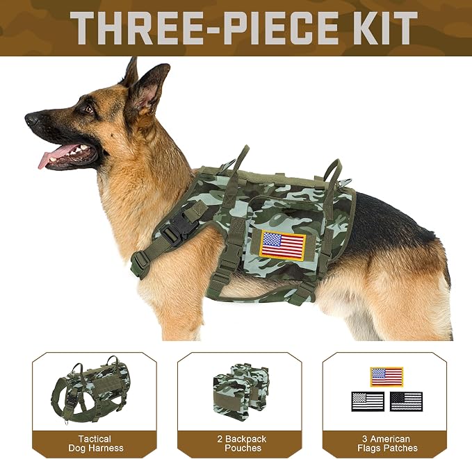 Forestpaw Tactical Dog Harness Pouches and Patches Set,M,Camo Green | Adjustable Fits 22-35" Chest,30-80 lbs,No Pull Military Style Service Dog Vest for Daily Walking Training,Medium Dogs
