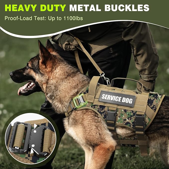 Service Dog Vest Harness for Large Dog, Tactical Working MOLLE Vest with 10 Pet Patches, No Pull Heavy Duty Harness for Training Walking
