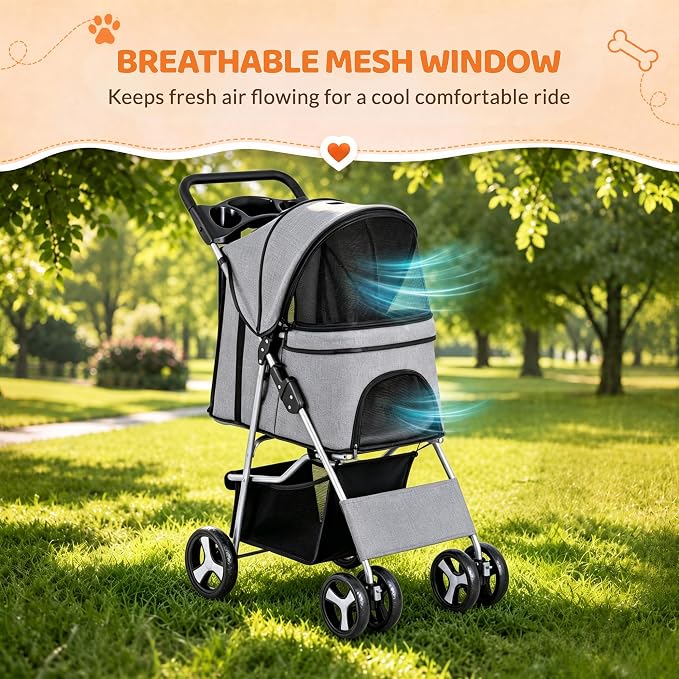ZENY Foldable Pet Stroller, Cat/Dog Stroller with 4 Wheel, Pet Travel Carrier Strolling Cart with Storage Basket, Cup Holder (Grey)