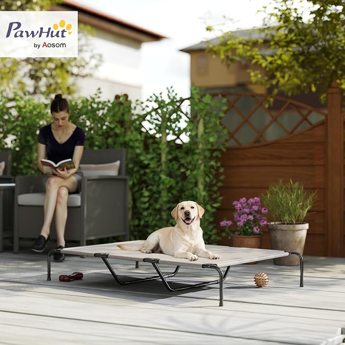 PawHut Elevated Dog Bed for Large Breeds Easy to Assemble 60" L Beige | Outdoor Dog Bed, No Tools Required, Portable Raised Pet Cot, Steel Frame and Breathable Mesh