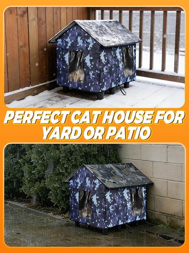 Elevated Insulated Outdoor Cat House Weatherproof - 20"x19"x17" Waterproof PVC Top & Aluminum Film Liner Camouflage Feral Cat Shelters for Keeping Cats Winter Warm, Gray