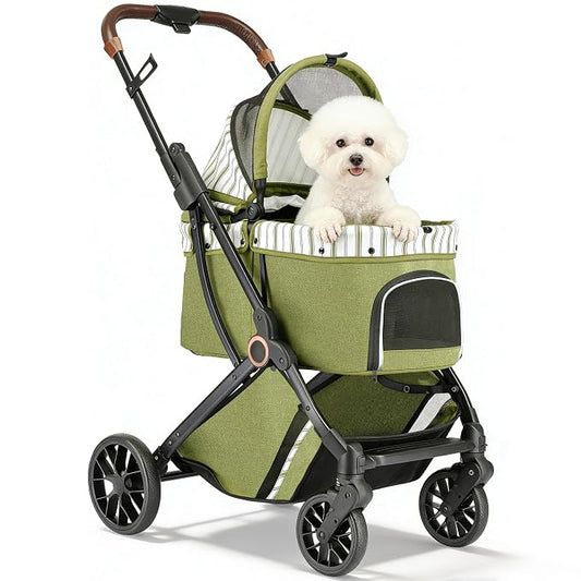 Pet Stroller for Small Dogs & Cats – Easy One-Hand Fold, Supports Up to 35 lbs – Green