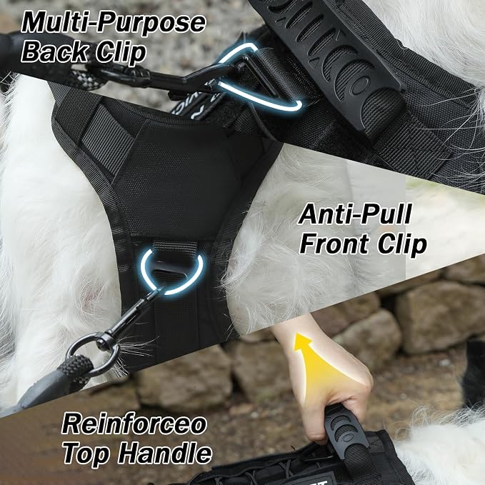 No Pull Tactical Dog Harness for Large Dogs, Service Dog Vest, XL, Black | Tactical Dog Vest Harness and Leash Set, Adjustable Military Service Dog Harness with Handle for Medium Large Dogs