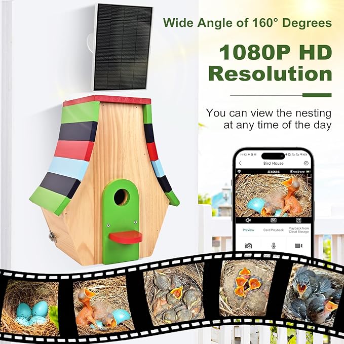Birdhouse with Camera, Smart Bird House, 2.4G WiFi & App Notify 160° Wide Wireless 1080P HD Solar Powered Birdhouse Wooden Bird House with Camera Inside Easy Birdwatching for for BirdLovers