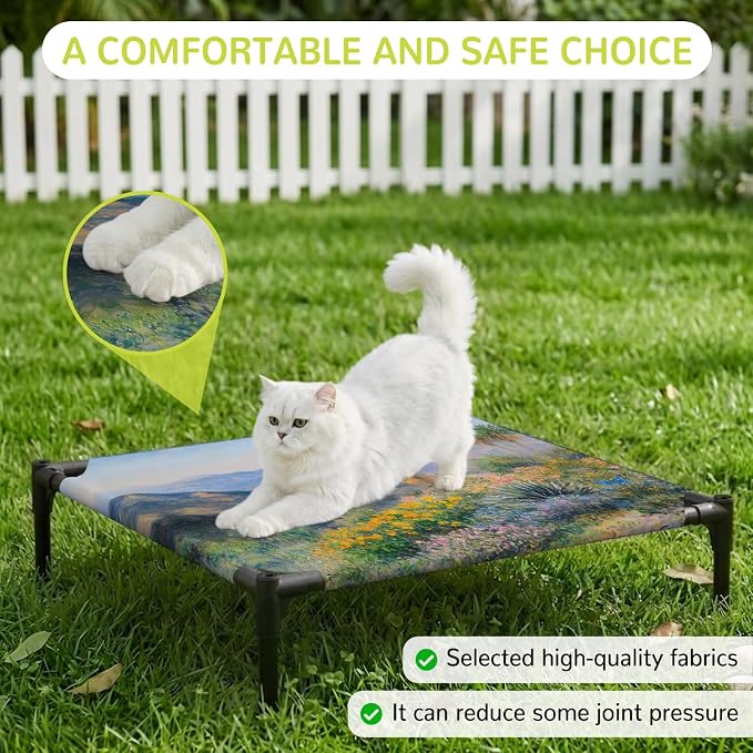 Outdoor Elevated Dog Bed for Small Dogs, Tropical Mountain Breathable Cooling Raised Dog Cot for Indoor/Outdoor, Farmhouse Nature Trees Flowers Blue Sky Waterproof Elevated Pet Beds, S 20 x 20 in